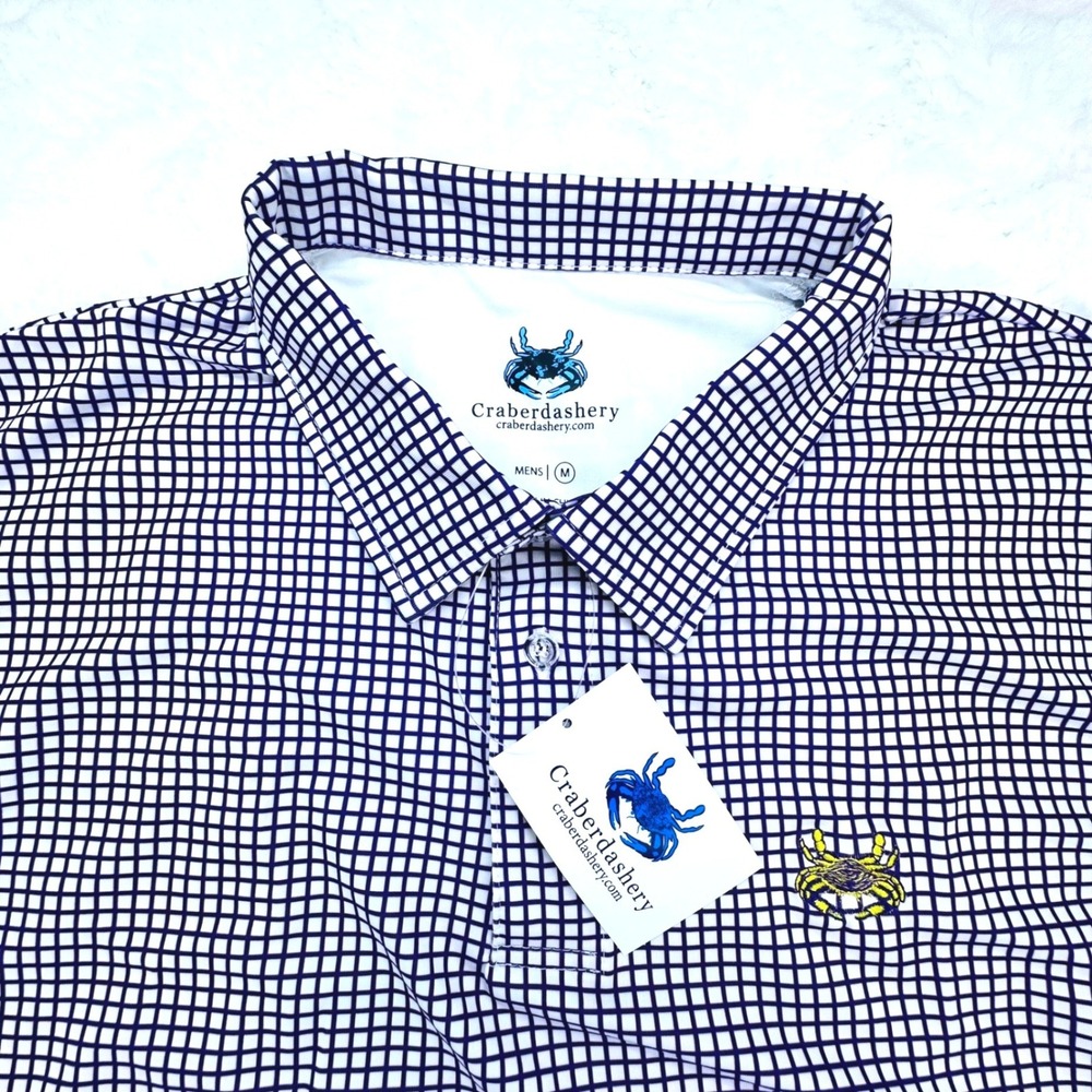 Craberdashery Mens Medium Navy Blue White Grid Performance Golf Polo Shirt NWT